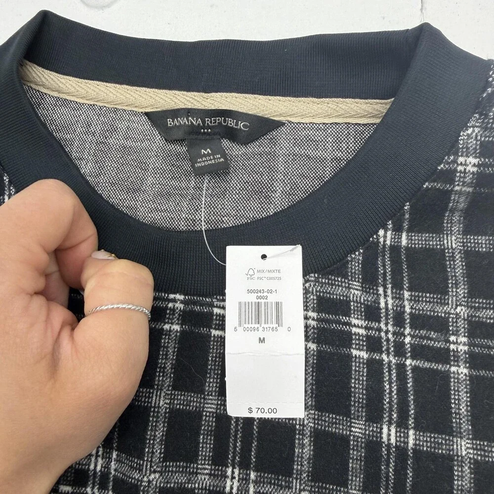 Banana Republic Sweater Mens Medium Black Plaid Crew Neck Knit Pullover NWT